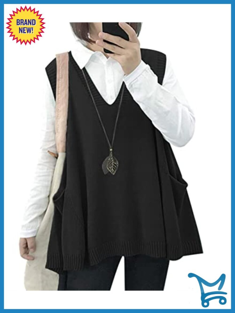 Women's Oversized Loose Fit Sleeveless Knit Sweater Vest with Pockets